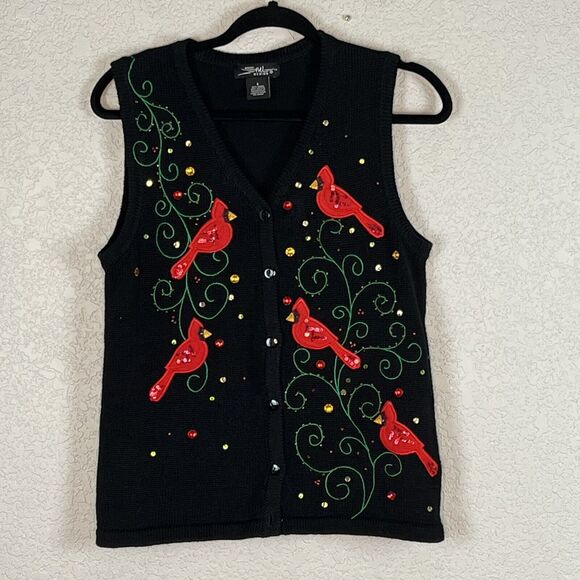 VTG SML Sz S Cardinal Bird Sweater Vest Sequin Embellished 80s Christmas Whimsy - Picture 2 of 9